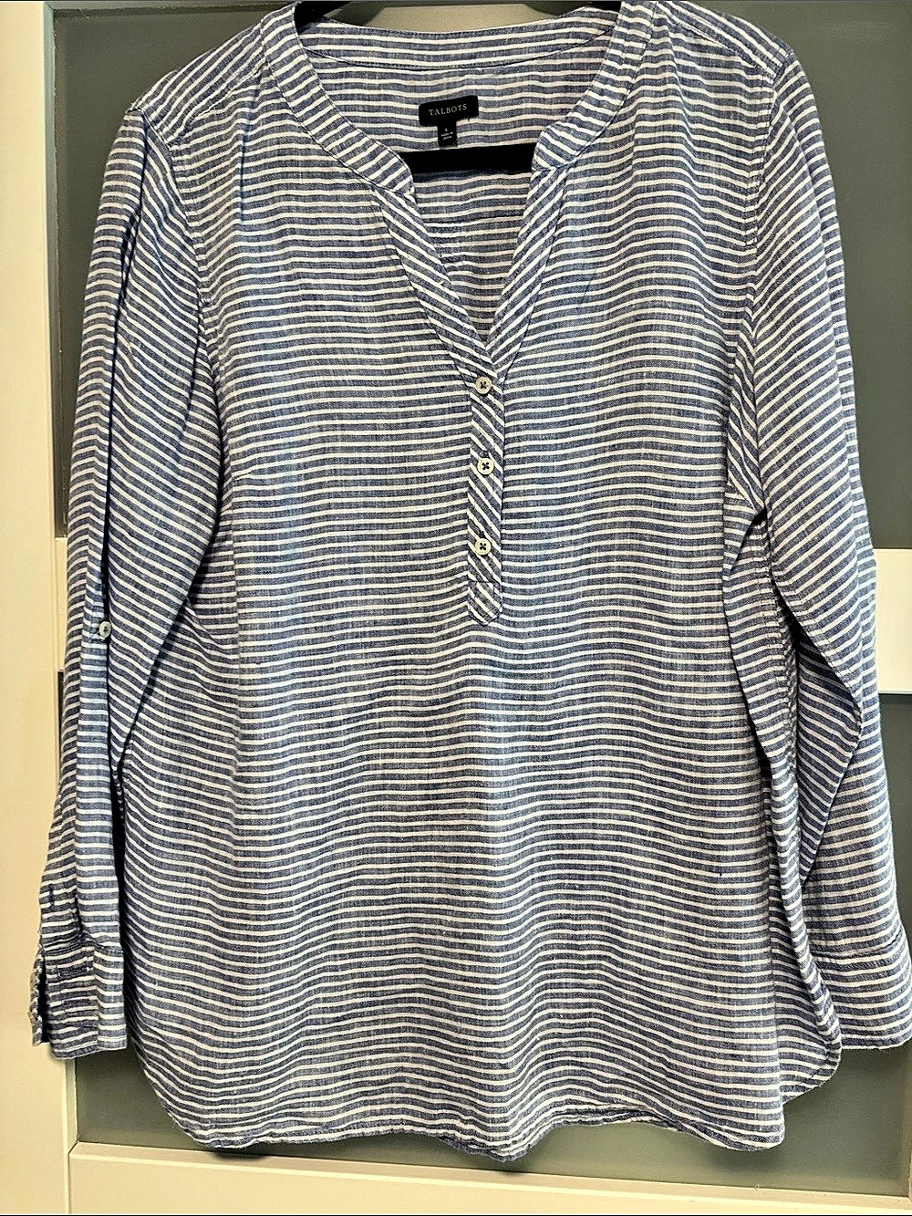 Talbots Linen Popover - Stripe Striped Tunic Blue & White Large
